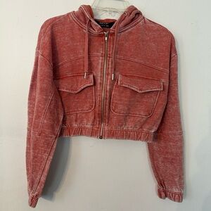 Washed Crop Zip Hoodie Jacket - Dusty Rose